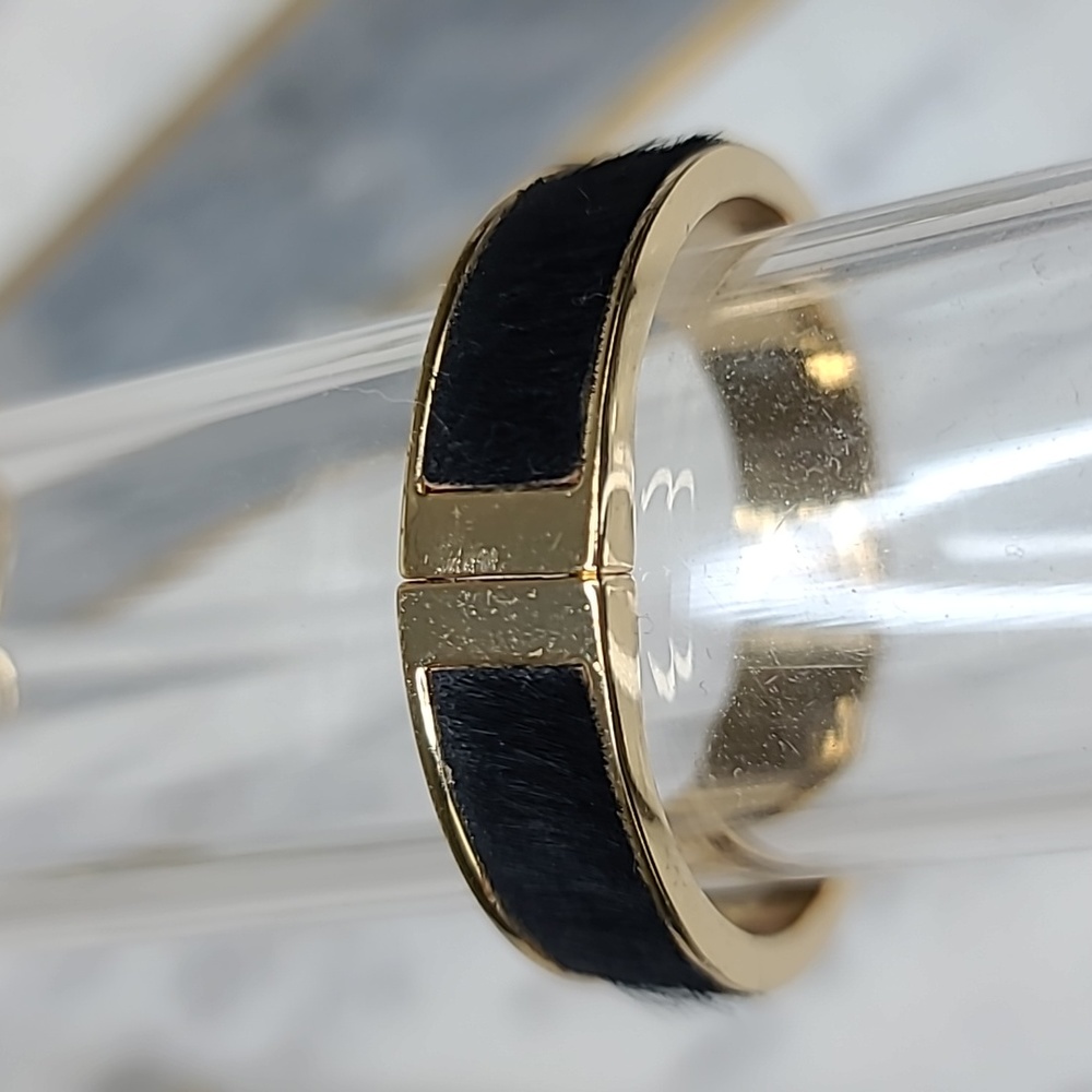 J Crew Gold Plated Enamel Bangle & Hinged Calf Hair Bracelet in Black & Gold - Picture 7 of 16